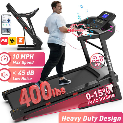 400Lb Capacity 3.5 HP Treadmill with 15% Auto Incline for Home - Heavy Duty Foldable Treadmill with App/Bluetooth - 18 Inch Wide Belt Folding Treadmill