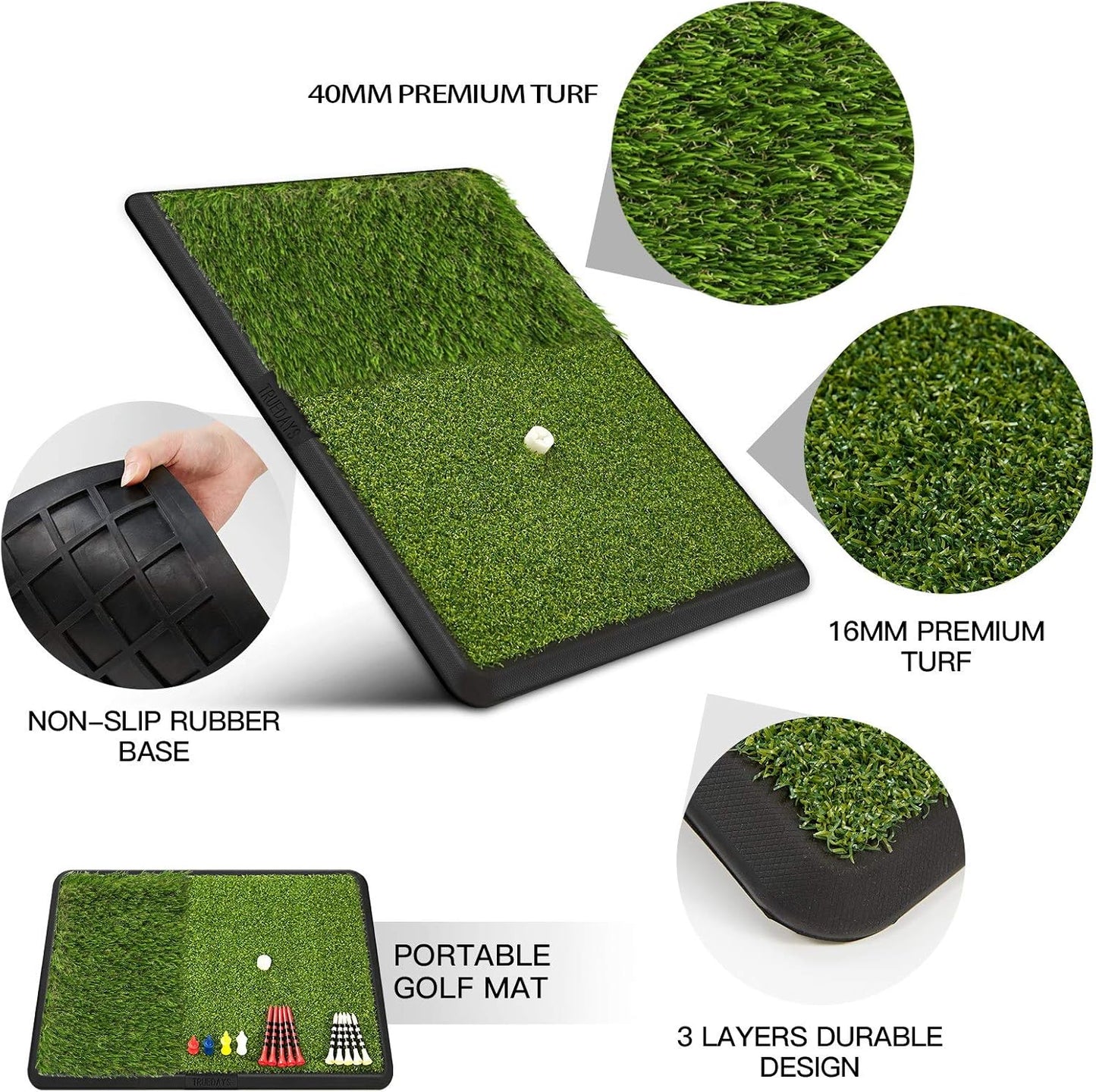 Dual-Turf Golf Hitting Mat, Portable Heavy Rubber Base Golf Practice Hitting Mat with Tee for Indoor & Outdoor Golf Training