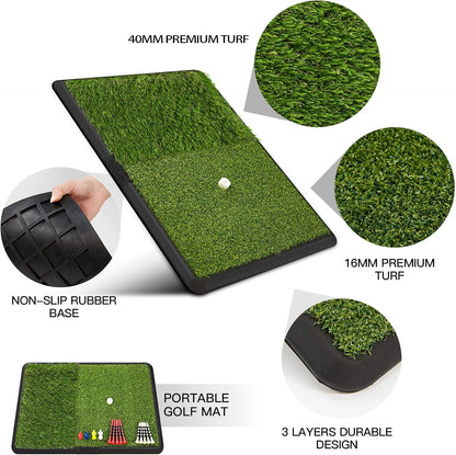 Dual-Turf Golf Hitting Mat, Portable Heavy Rubber Base Golf Practice Hitting Mat with Tee for Indoor & Outdoor Golf Training